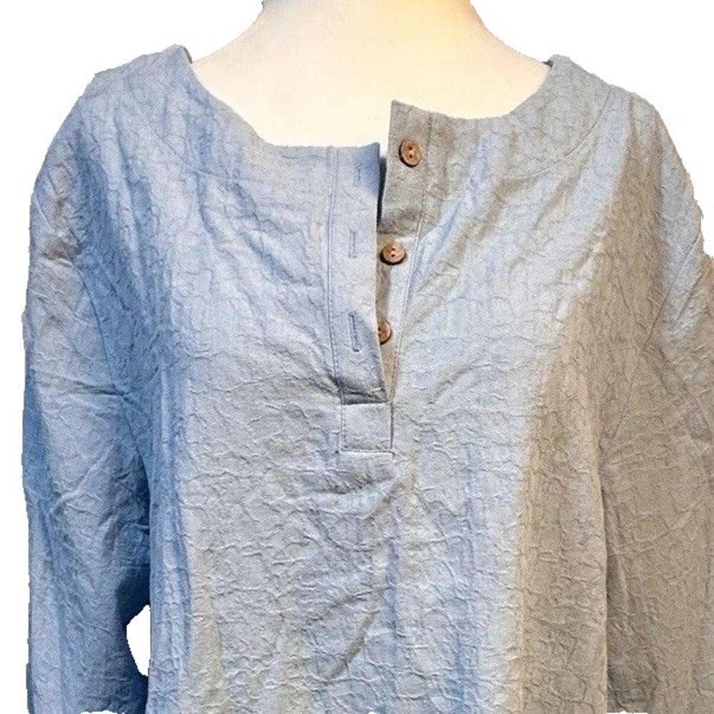 MiniBee Blue Textured Linen Cotton Blend 3/4 Sleeve Tunic Pullover Blouse Size L